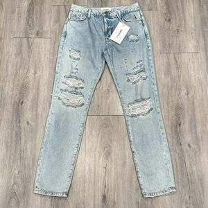 Frame Denim Casual Le Garçon Blue Distressed Denim Mid Rise Straight Fit Jeans